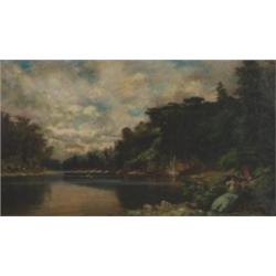 William Lees Judson, (1842-1928), American, WOMEN AND CHILDREN ON A LAKESIDE PATH,, Oil on...
