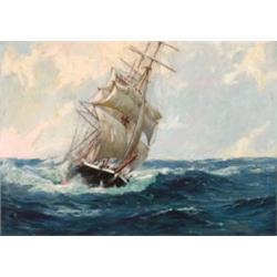 Charles Robert Patterson (1878-1958), American, FURLING THE FORE, TOPSAIL, Oil on canvas; sig...