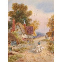 Robert Thorton Wilding (fl.1910-1921), British, SHEPHERD AND FLOCK IN A VILLAGE LANE, Watercolo...