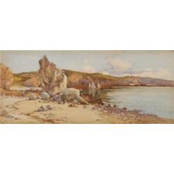 James Hughes Clayton, (fl.1891-1929), British, GATHERING CLAMS ON A ROCKY SHORE, Watercolour;...