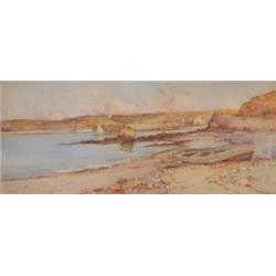 James Hughes Clayton, (fl.1891-1929), British, INLET WITH FISHING BOAT ON THE BEACH, Watercol...