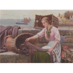 Ralph Todd (1856-1932), British, ARRANGING THE NETS, NEWLYN, CORNWALL, Watercolour; signed lowe...
