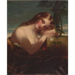 J** P** Drew (fl.1835-1861), British, GIRL HOLDING FLOWERS WEARING A LEOPARD WRAP, Oil on canva...