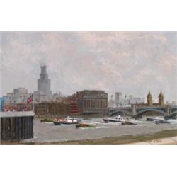 Charles David Cobb, (1921-), British, SAIL PAST ON THAMES FOR QUEEN'S JUBILEE, Mixed-media on...