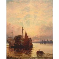 William Thornley, (fl.1858-1898)), British, SHIPPING AT SUNSET, Oil on panel; signed with mon...