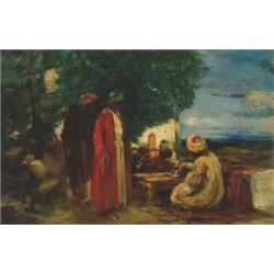 Dudley Hardy (1865-1922), British, ARABS ON A SHADED, TERRACE, Oil on canvas laid down on mas...