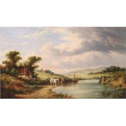 Alfred Vickers (1786-1868), British, FIGURES AND WORKHORSES OUTSIDE A THATCHED, COTTAGE , Oil...