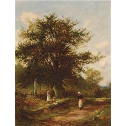 David Bates (1840-1921), British, PEASANT WOMEN AND CHILDREN ON A COUNTRY ROAD, Oil on canvas;...