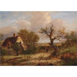 Joseph Thors (fl.1863-1900), British, WOMAN AND CHILDREN OUTSIDE A THATCHED, COTTAGE, Oil on...