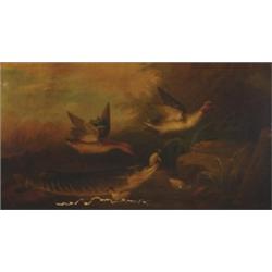John Russell (fl1869-1918), British, MALLARDS PROTECTING THEIR YOUNG FROM A PIKE, Oil on canvas...