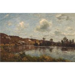 JosT Weiss (1859-1919), British, PASSING STORM OVER A RIVER LANDSCAPE, Oil on canvas; signed lo...
