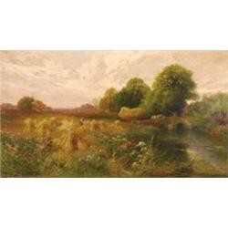 John Horace Hooper, (c. 1850- c.1899), British, HARVESTING ON THE ARUN, SUSSEX, Oil on canvas...