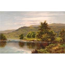 Henry H** Parker (1858-1930), British, CATTLE WATERING ON A RIVERBANK, Oil on canvas; signed lo...