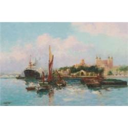 Frank Henry Mason, (1876-1965), British, SHIPPING BY THE TOWER OF LONDON, Oil on canvas; sign...