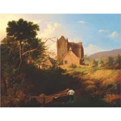 John Linnell (1792-1882), British, BOATMAN ON THE BANKS OF A BARONIAL ESTATE,, Oil on canvas;...