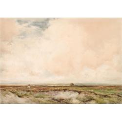 Claude Hayes (1852-1922), Irish, HARVESTERS IN AN, EXTENSIVE LANDSCAPE, Watercolour; signed l...