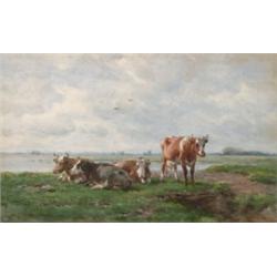 Pieter Stortenbeker, (1828-1898), Dutch, COWS IN A SUNLIT POLDER LANDSCAPE, Watercolour; sign...