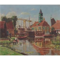 Frans Hartmann, (20th Century), Dutch, BOY FISHING IN A VILLAGE HARBOUR, Oil on canvas; signe...