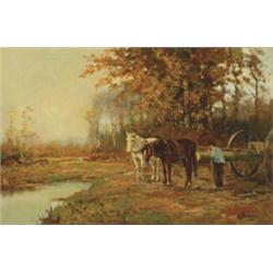 Cornelis Bouter (1888-1966), Dutch, GATHERING WOOD,, Oil on canvas; signed lower right, 15....