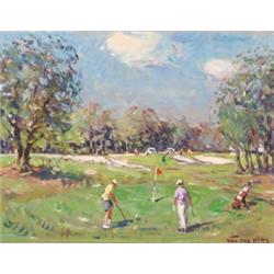 Nicholaas (Niek) van der Plas (1954- ), Dutch, PUTTING FOR PAR,, Oil on panel; signed lower r...