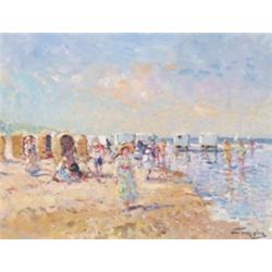 Nicholaas (Niek) van der Plas (1954- ), Dutch, ON THE BEACH, Oil on panel; signed lower right...