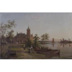 William Raymond Dommerson (1850-1927), Dutch, PEASANTS BY A CANAL,, Oil on canvas; signed low...