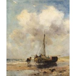 Johan Frederik Cornelis Scherrewitz (1868-1951), Dutch, BOMSCHUIT ON SCHEVENINGEN BEACH,, Oil...