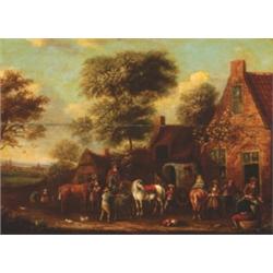 After Barend Gaal (1620-1687), Dutch, TRAVELLERS OUTSIDE AN INN, Oil on panel; signed with init...
