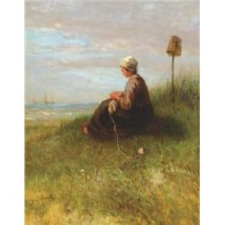 Josef Israels (1824-1911), Dutch, GIRL KNITTING IN THE SAND DUNES LOOKING OUT TO SEA, Oil on pa...