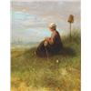 Image 1 : Josef Israels (1824-1911), Dutch, GIRL KNITTING IN THE SAND DUNES LOOKING OUT TO SEA, Oil on pa...
