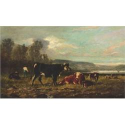 Barbizon School, COWS AND HERDER IN A RIVER LANDCSAPE, Oil on canvas laid down on masonite, 1...