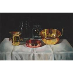Andras Gombar (1946- ), French, BRASS AND COPPER BOWLS WITH GLASS JARS ON A TABLE, Oil on canva...