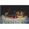 Image 1 : Andras Gombar (1946- ), French, BRASS AND COPPER BOWLS WITH GLASS JARS ON A TABLE, Oil on canva...