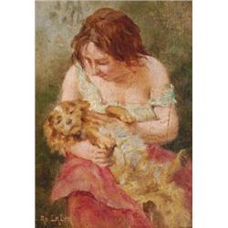 Adolphe Lalire LaLyre, (1850-1935), French, WOMAN PETTING A SPANIEL, Oil on panel; signed low...