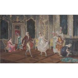 Edouard Keil, (19th/20th Century) , French, ELEGANT ROCOCO, INTERIOR WITH FIGURES DANCING;...