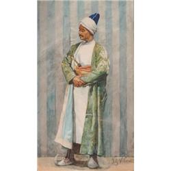 Jean Georges Vibert, (1840-1902), French, ARAB IN AN INTERIOR, Watercolour; signed lower righ...