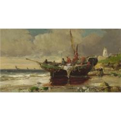 J** Roy (19th Century), French, FISHING BOATS AND, FIGURES ON A BEACH,, Oil on panel; signe...