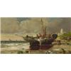 Image 1 : J** Roy (19th Century), French, FISHING BOATS AND, FIGURES ON A BEACH,, Oil on panel; signe...