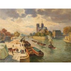 Henry Alphonse Barnoin, (1882-1935), French, LA SEINE A PARIS,, Oil on panel; signed lower...
