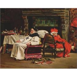 Jean Georges Vibert, (1840-1902), French, SCHISM, Oil on panel; signed lower right, 7" x 9....
