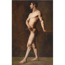 19th Century French School, MALE NUDE HOLDING A DAGGER , Oil on canvas laid down on masonite. U...