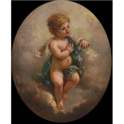 18th/19th Century French, CHERUB IN THE CLOUDS,, Oil on canvas sculpted in the oval; indistin...