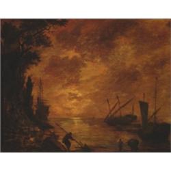 Attributed to Claude Joseph Vernet (1714-1789), French, FIGURES ON A MOONLIT HARBOUR, Oil on pa...