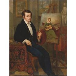 Attributed to Louis Gabriel EugFne Isabey (1803-1886), French, THE ARTIST IN HIS STUDIO, Oil on...