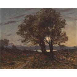 Henri Joseph Harpignies, (1819-1916), French, FIGURE BY A MOONLIT LAKE, Oil on canvas; signed...