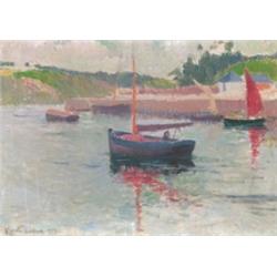 Henry Moret (1856-1913), French, BRITTANY HARBOUR,, Oil on canvas; signed and dated at Bretag...