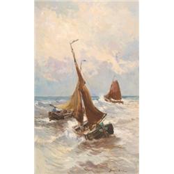 German Grobe (1857-1938), German, FISHING BOATS IN A SWELL, Oil on canvas; signed lower right...