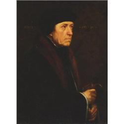 After Hans Holbein, (1498-1543), German, ERASMUS OF ROTTERDAM, Oil on canvas; inscribed: Aeta...