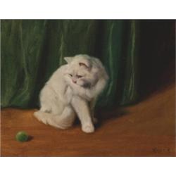Arthur Heyer (1872-1931) , Hungarian/German, WHITE PERSIAN CAT, PLAYING WITH A BALL,, Oil o...