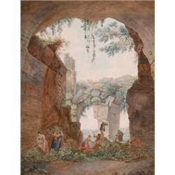 18th/19th Italian Century School, PEASANTS BENEATH AN ARCHED RUIN, Watercolour on laid paper...